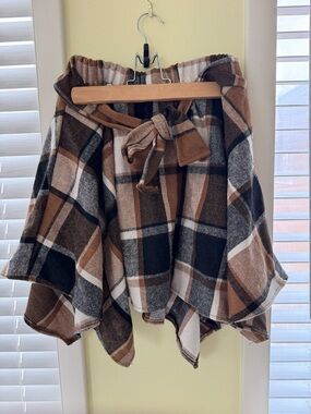 SHEIN Brown Plaid Asymmetrical Paperbag Skirt with Tie